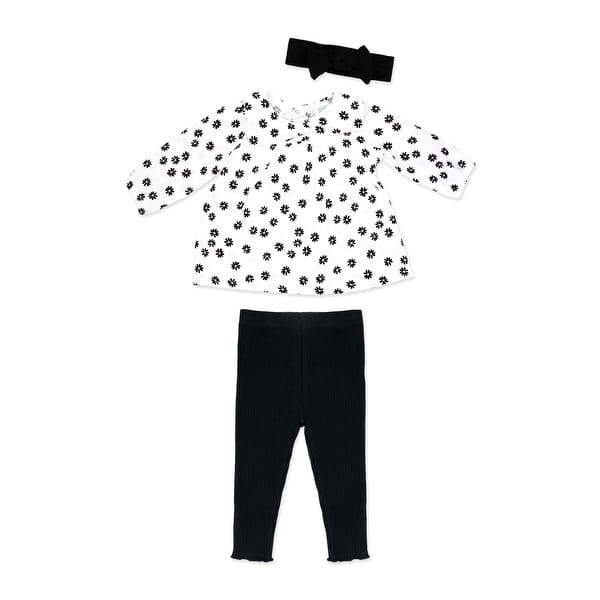 slide 2 of 5, Baby Girls 3 Piece Black Petals Breezy Smock Top, Leggings and Headband Set 0-3 months