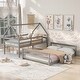 preview thumbnail 2 of 7, Gray Twin Size Pine Wood House Design Bunk Bed with Built-in Ladder and Guardrail, Converts to Separate Beds