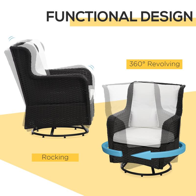 Outsunny 3-Piece Patio Bistro Set, PE Rattan Wicker Outdoor Furniture with Soft Cushions, 2 360° Swivel Rocking Chairs