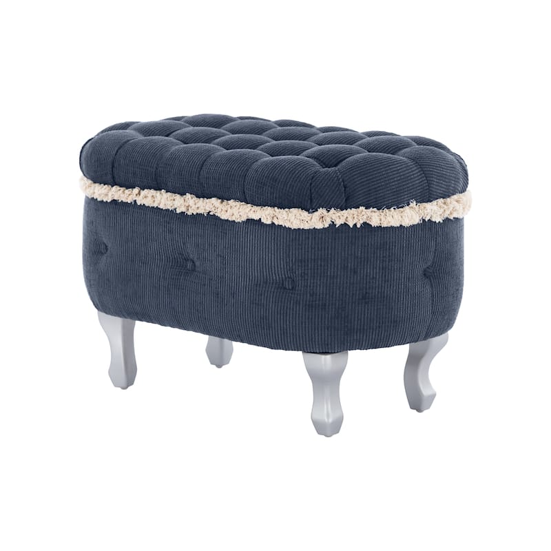 Roomfitters Upholstered Storage Bench with Button Tufted Top, End of Bed Bench with Fringe and Curved Legs