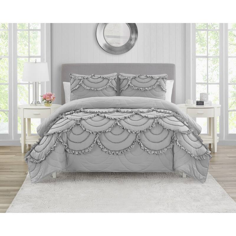 DESIGN STUDIO Scallop Ruffle Garment Washed Soft Solid Quilt Set - Grey - King