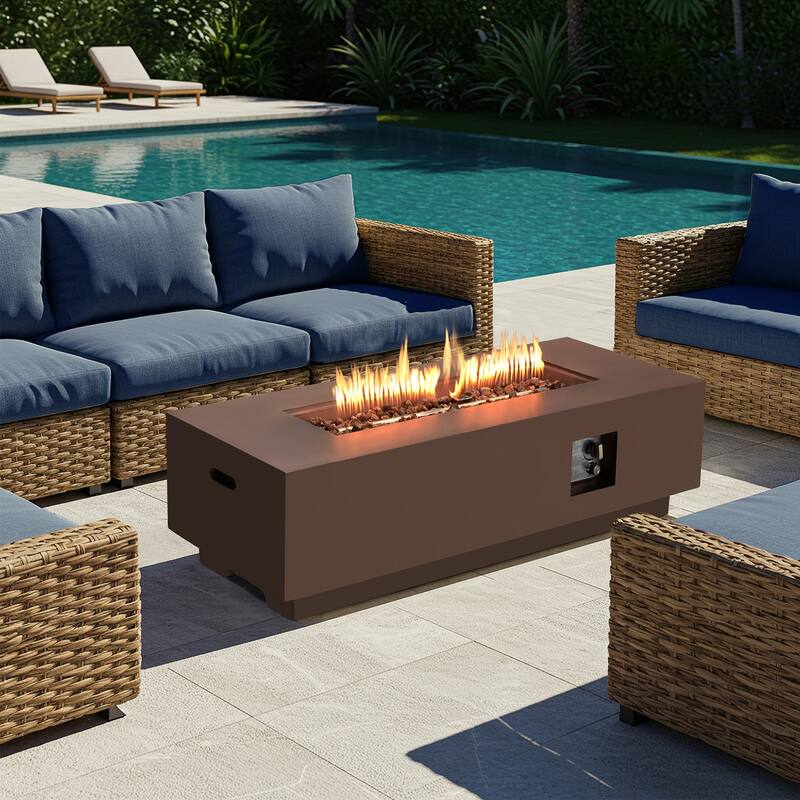 50,000 BTU 30" Outdoor White Round Propane Fire Pit Table and Set - Brown-Rectangle Table