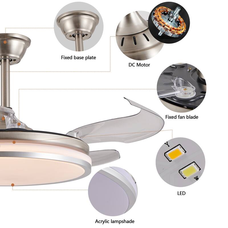Retractable Ceiling Fan with Light and Remote Control, 6 Speeds DC Motor Ceiling Fan for Living Room Bedroom - 42 Inch