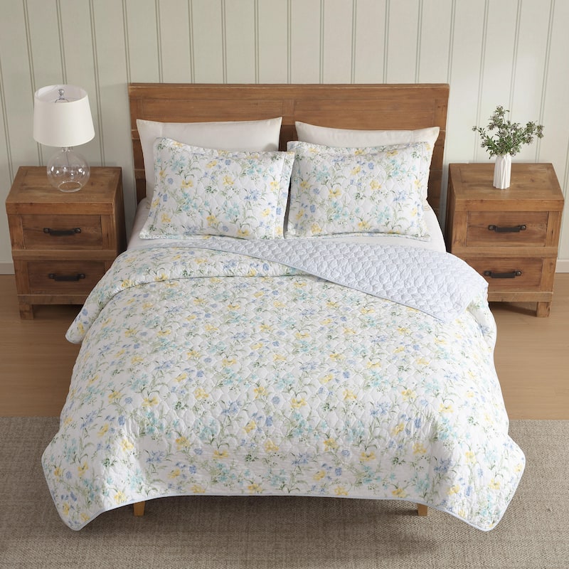 Laura Ashley Poppy Meadow Cotton Reversible Blue Quilt Set