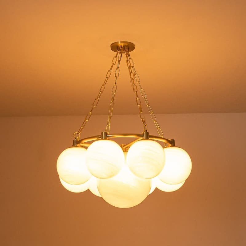 9-Light Mid-century Aged Brass Opal Cloud Glass Dimmable Chandelier