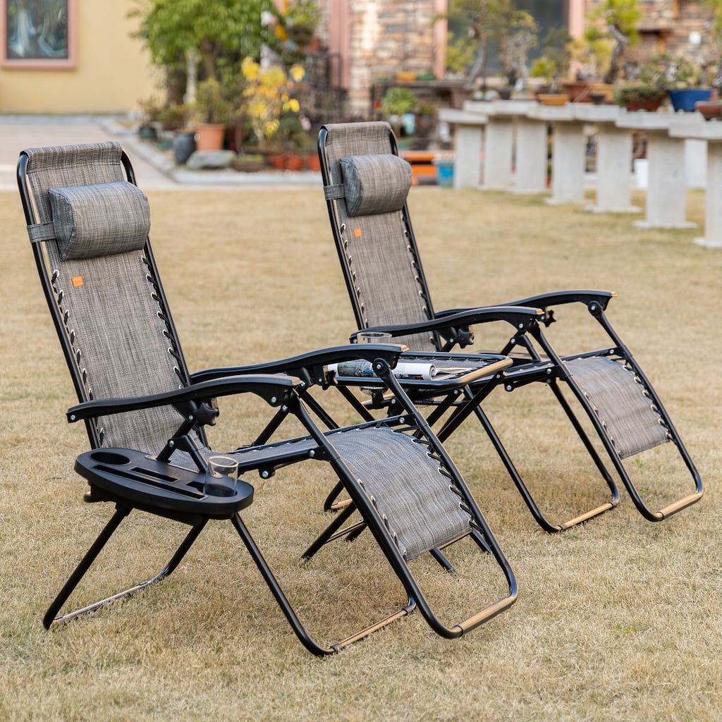 3-Piece Foldable Lounge Chair with Side Tray, Adjustable Recliner Chair with Cup Holders & Detachable Headrest