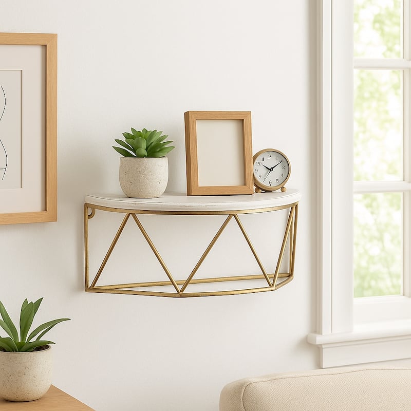 Wood Metal Geometric Demilune Wall Shelf - White, 16"