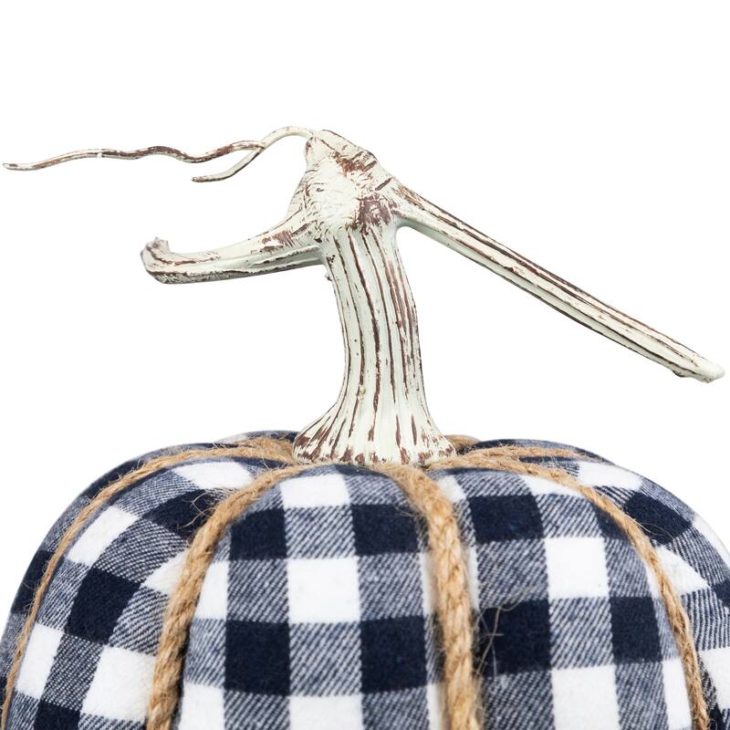 Buffalo Plaid Fall Harvest Pumpkin with Weathered Stem - 7.75" - Blue