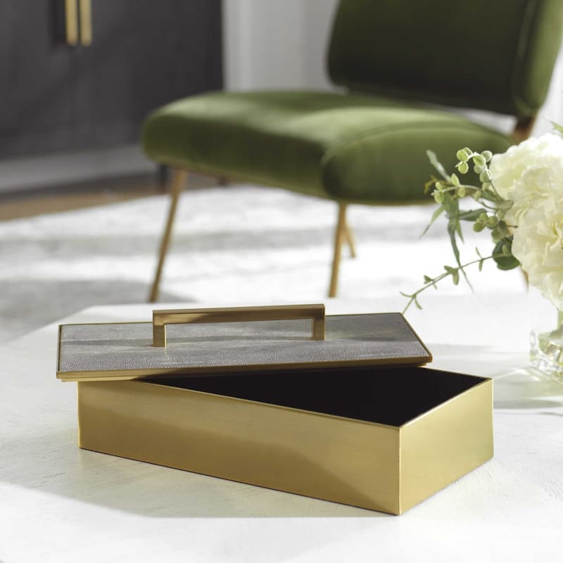 Rectangular Box with Lift Off Lid - 14" - Gray and Brass Finish