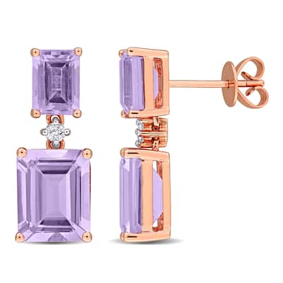 Miadora 8ct TGW Octagon-Cut Rose de France and 1/10ct TW Diamond Drop Earrings in 10k Rose Gold