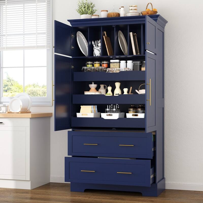 Farmhouse 72.6" Tall Kitchen Pantry with 4 Doors Storage Cabinet , 2 Drawers and Pull-out Trays for Cake Pan Storage Organizer