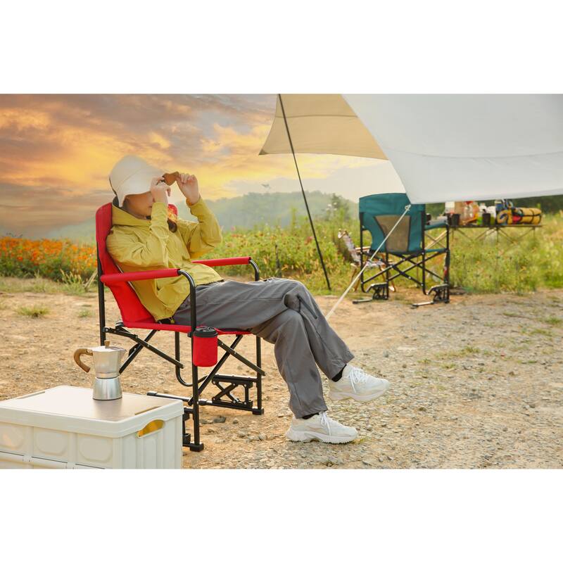 Outdoor Freestyle Rocker Camping Chair Portable Folding Rocking Chair with Armrests, Drink Holder & Comfortable Backrest