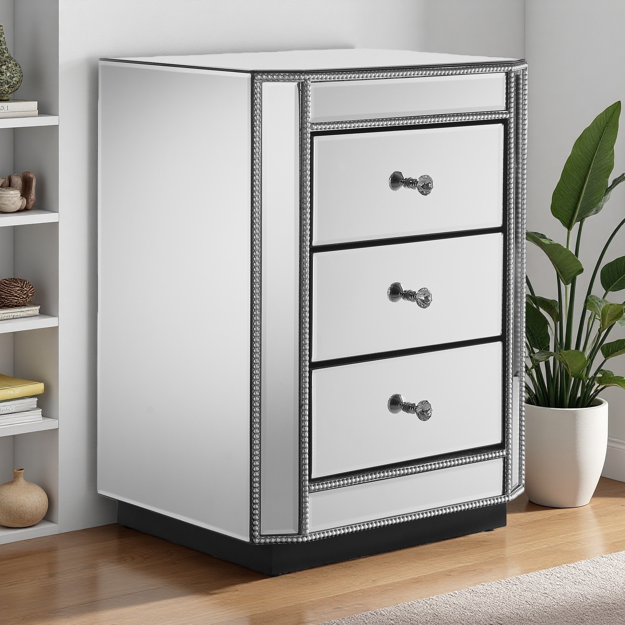 17.7"L 3-Drawer Mirrored Nightstand with Silver Beaded Trim and Faceted Glass Knobs, Bedside Table for Living Room, Bedroom