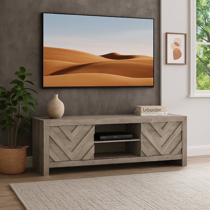 Velz TV Media Stand Console, 2 Chevron Doors, Open Shelves, Beige