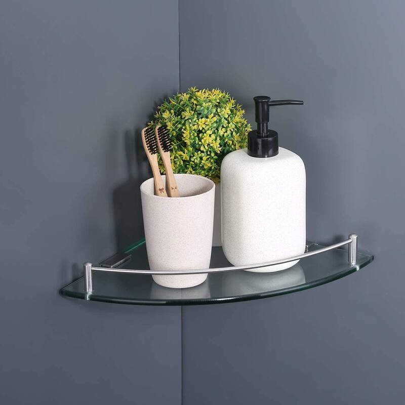 Wall Mount Bathroom Corner Triangle Glass Shelf - Silver