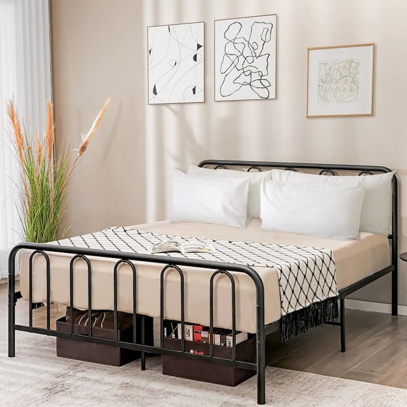 Gymax Stylish Queen Size Metal Bed Frame Platform Bed Base w/ - Black - Queen