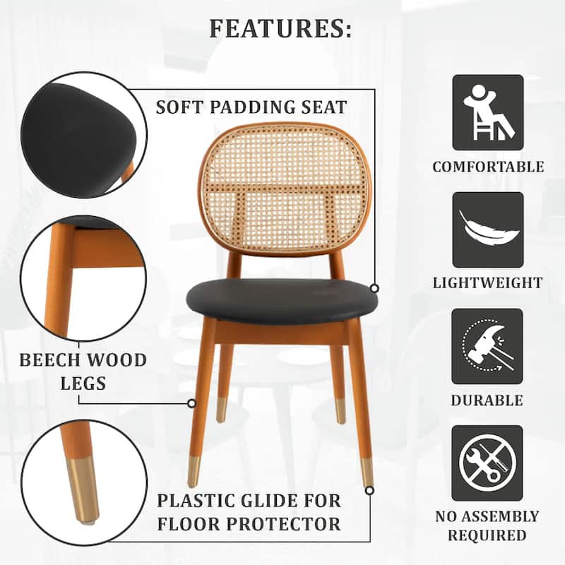 Holbeck Modern Rattan Leather Upholstered Dining Chair with Plush Padding Beech Wood Legs for Stylish Homes Set of 2