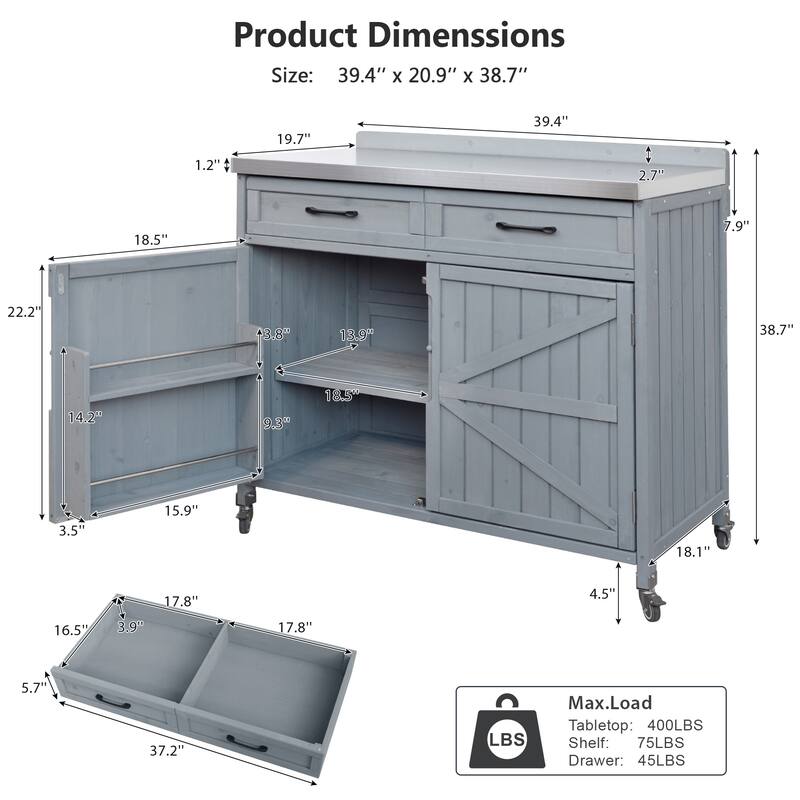 Outdoor 2 Piece Modular Solid Wood Kitchen Island with 304 Stainless Steel Sink, Faucet, Drawer, 2 Door Shelves & Wheels