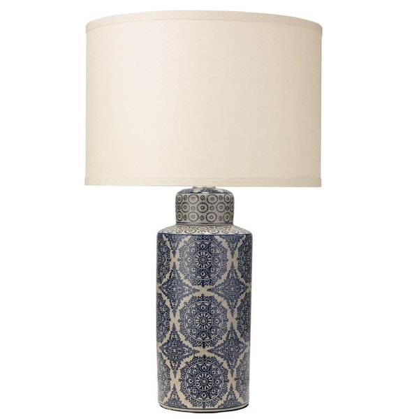 25" Deliah Table Lamp in Blue with Medium Drum Shade in Stone Linen - N/A