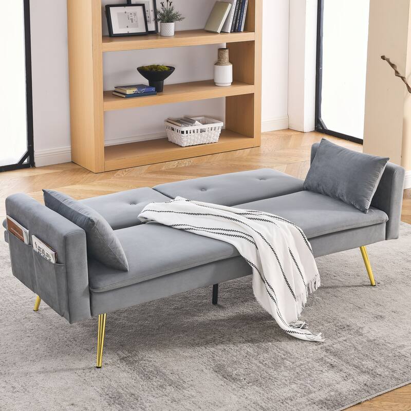 Grey Velvet Folding Sleeper Sofa Bed w/ Side Pockets, Convertible 3 Seat Straight Row Sofa Bed w