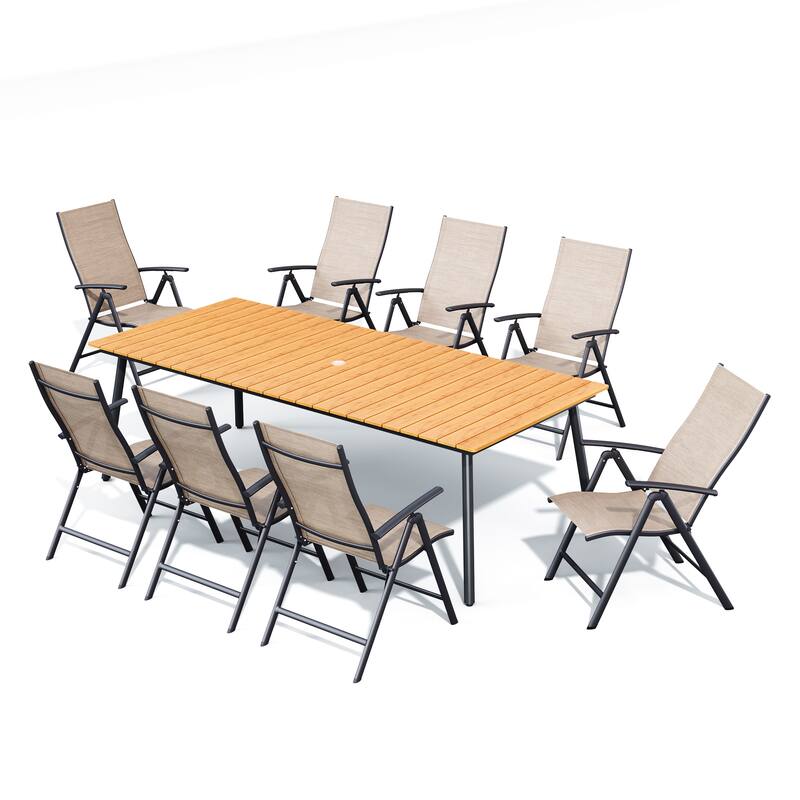 Outdoor Rectangle Aluminum Dining Table with Umbrella Hole with Durable Adjustable Reclining Folding Chair - 94.5in-Brown-Table&Espresso-Chair