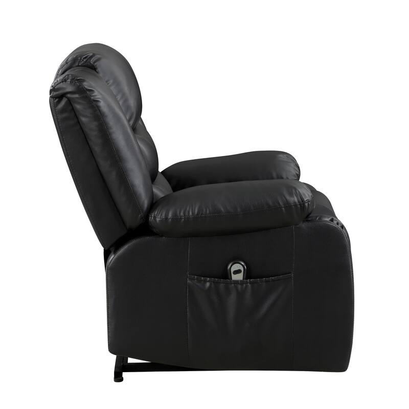 Carry 39 Inch Power Lift Recliner Chair, Black Faux Leather, Solid Wood