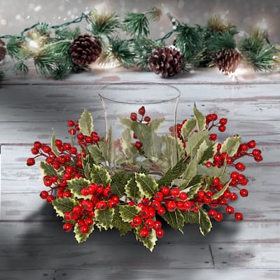 16" Spruce Cedar Holly Waterproof Berry Glass Candle Holder