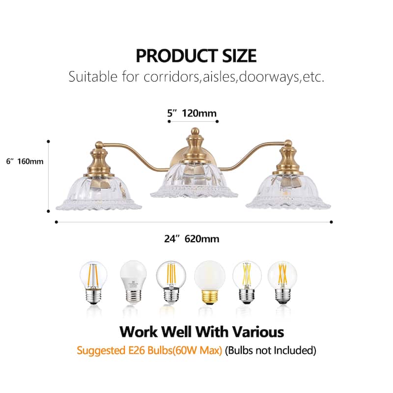 24" 3-Light Gold Vintage Vanity - Glass - Bathroom Bedroom(Bulb Not Included)