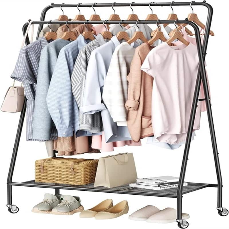 Double Rod Clothes Garment Rack - 16.39"D x 35.4"W x 59.8"H - Black+meteal Cloth Bottom