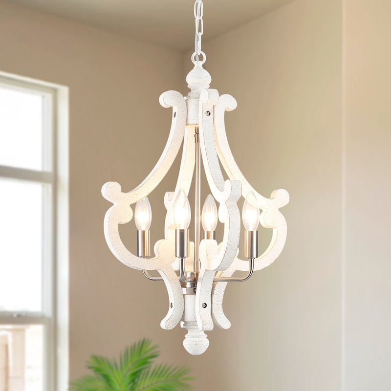 4-Light 14.56-inch Wooden Lantern Rustic Chandeliers for Entryway Hallway