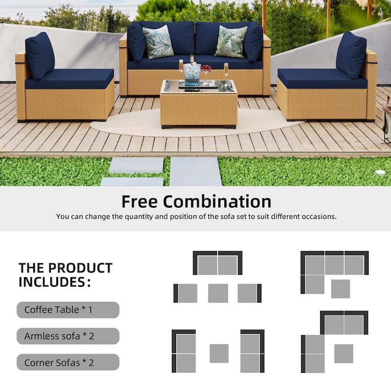 Patio Watcher 5-Pieces Yellow Rattan Conversation Set with Cusions for Outdoors