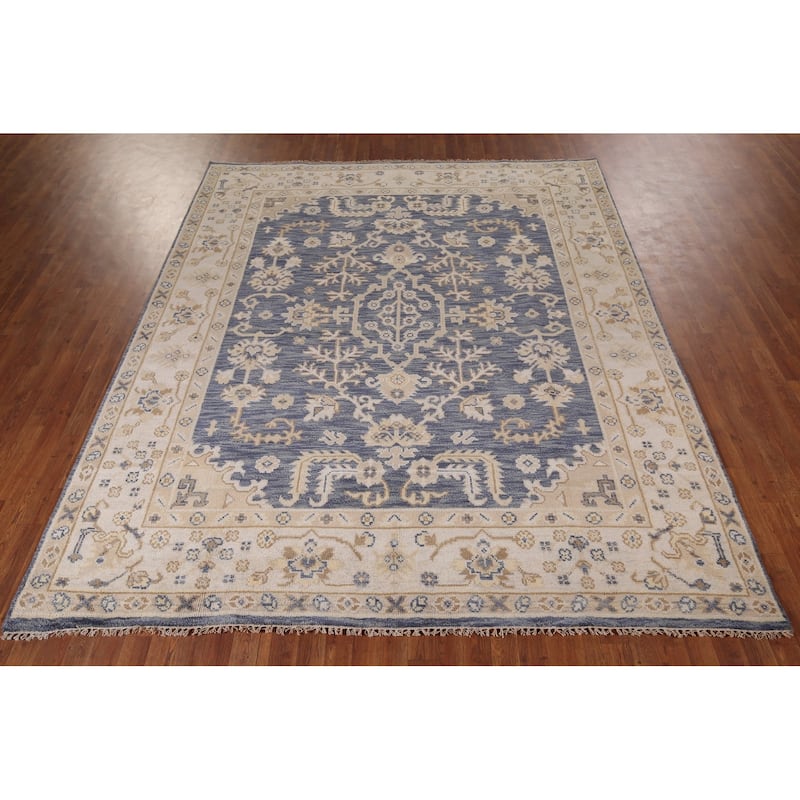 Blue Oushak Indian Area Rug Hand-Knotted Wool Carpet - 8'0"x 9'9"