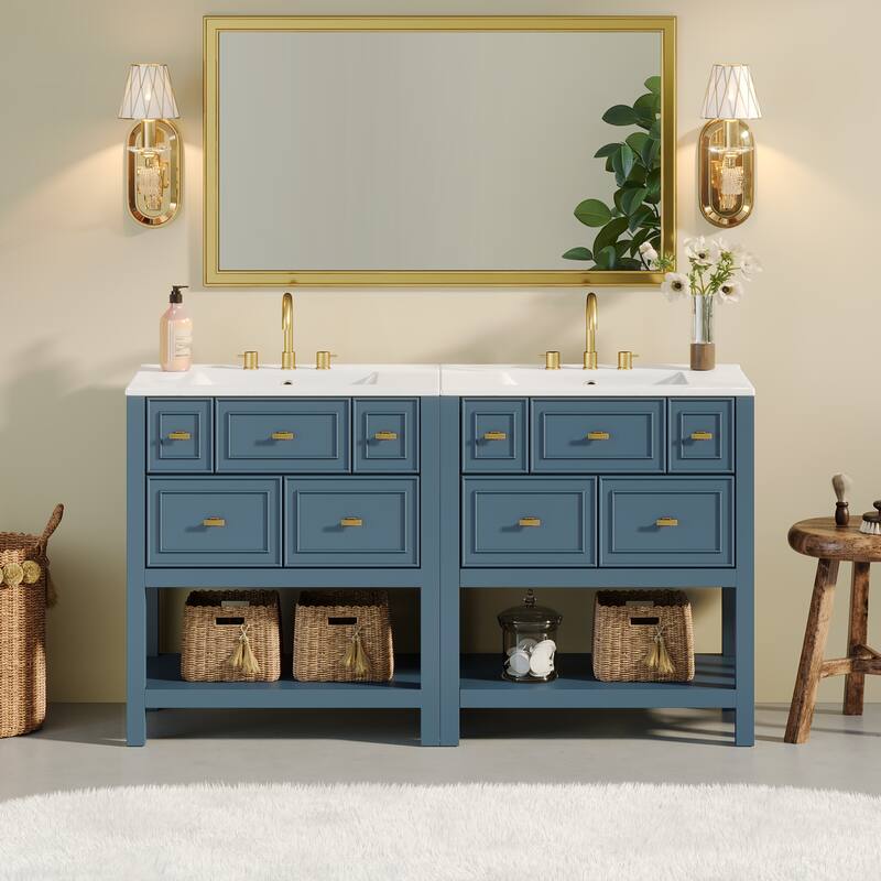 2-Piece Bathroom Vanity Set, 60" Bathroom Vanity Set with Ceramic Sink (Separate), Solid Wood Frame Bathroom Storage Cabinet - Blue - 60 Inch