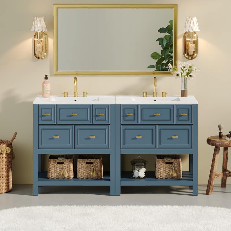 60'' Bathroom Vanity With Ceramic Sink Combo, Free Standing Single Vanity Set With 5 Drawers,Solid Wood FrameStorage Cabinet