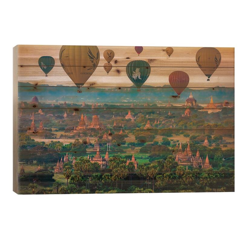 Myanmar Old Bagan Temples Hot Air Balloon I Print On Wood by Alex G Perez - Multi-Color - 26x40x1.5