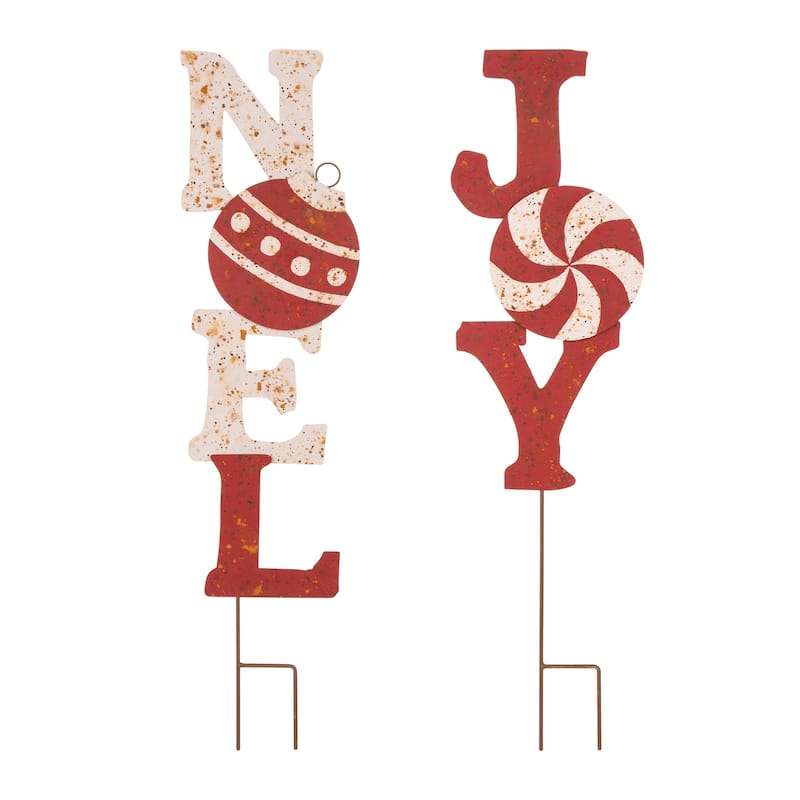 Glitzhome 36"H Christmas Rusty Metal JOY & NOEL Sign Yard Stakes Garden Decor (Two Functions) - "NOEL"& "JOY"