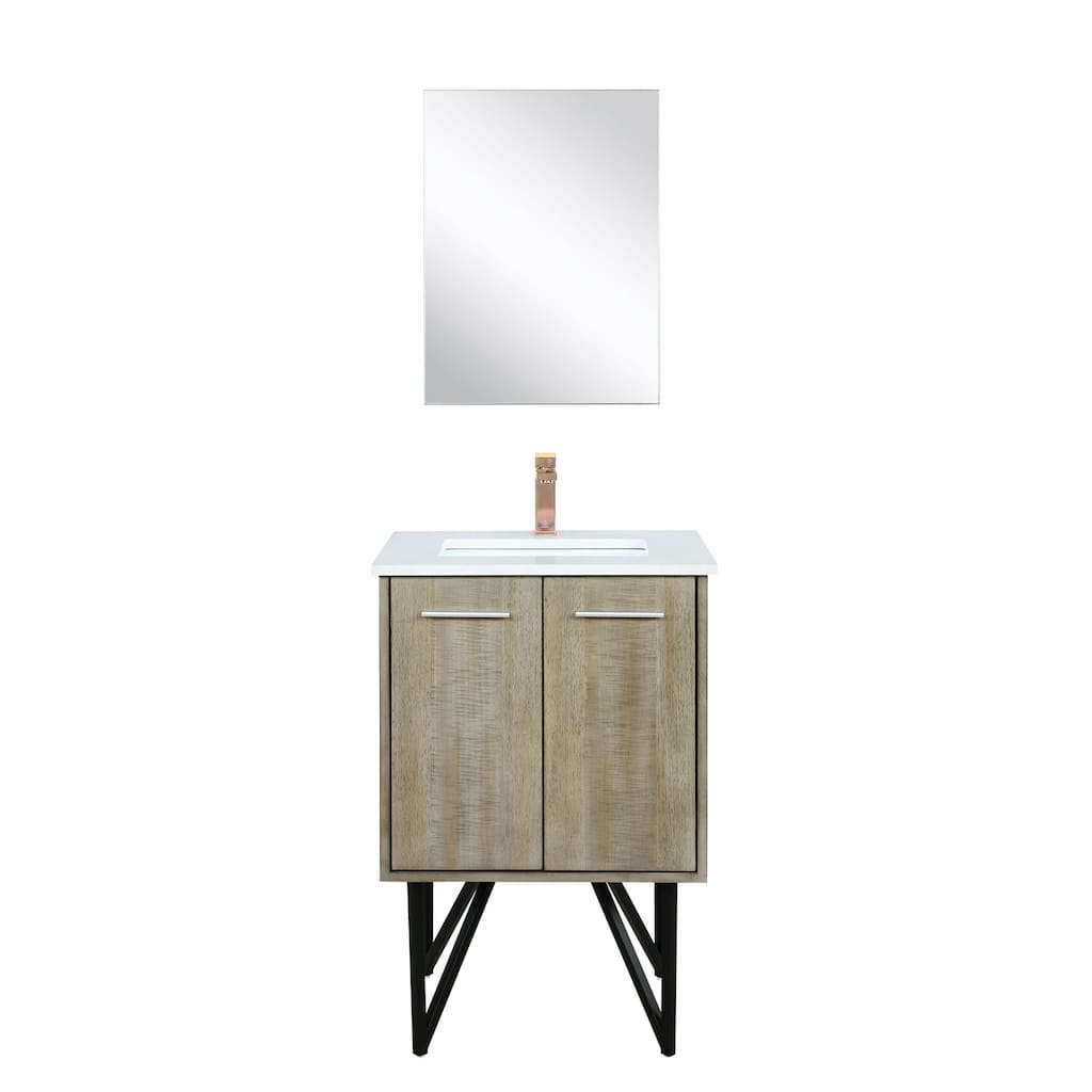 24 in. Rustic Acacia Bath Vanity with Cultured Marble Top, Rose Gold Labaro Faucet, and 18 in. Mirror, Soft Close Doors
