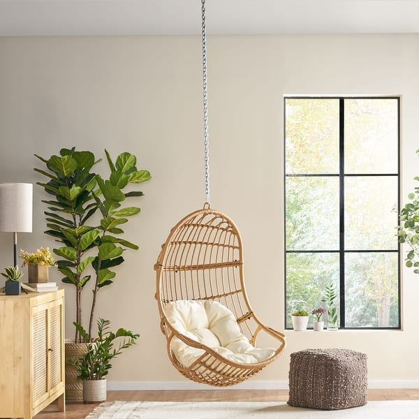 slide 1 of 18, Richards Outdoor/Indoor Wicker Hanging Chair (No Stand) by Christopher Knight Home Light Brown + Beige