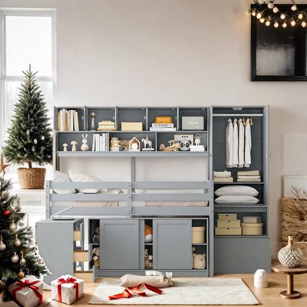 slide 2 of 32, Space-Saving Design Full Size Wooden Loft Bed Big Storage with Under-bed Desk,Drawers,Shelves Gray