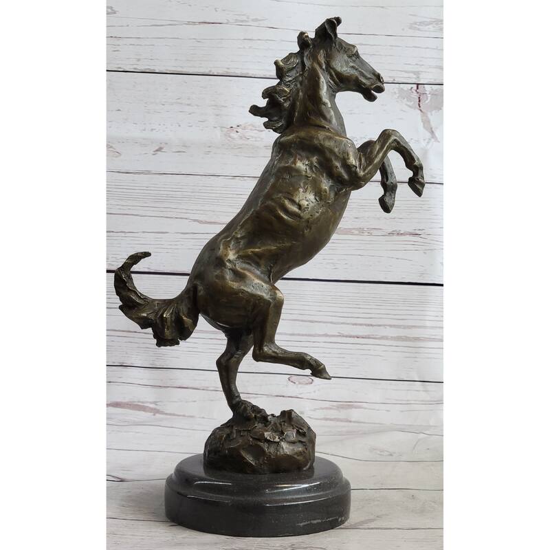 Signed Barye Excited Rearing Horse Bronze Marble Sculpture Racing Marble Figure