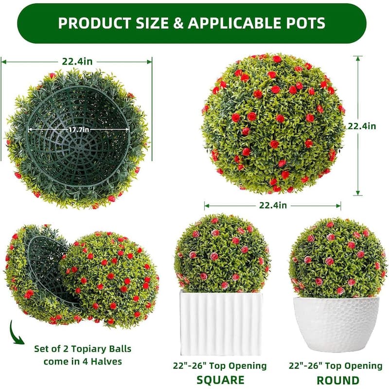 2 Pack 22.4" Artificial Flowers Topiary Balls for Home Decor, Wedding - 22.4 inch