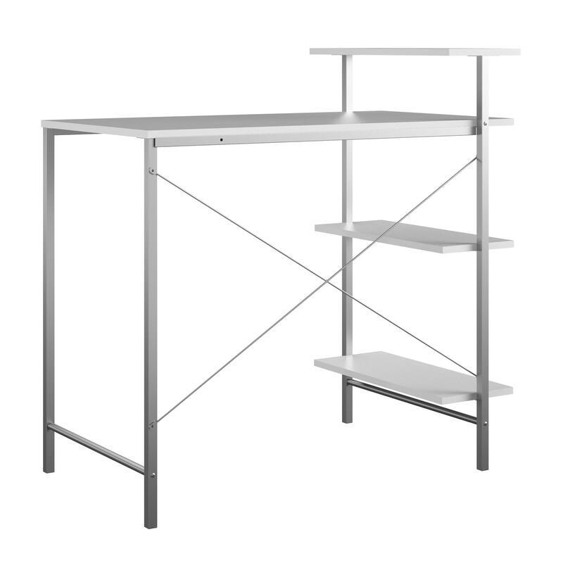 Roomfitters Side Storage Student Desk with Metal Frame and Open Shelves, White