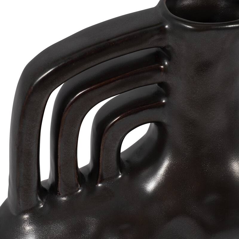 Ceramic Metallic Triple Handle Vase, Black, Novelty, Solid Color