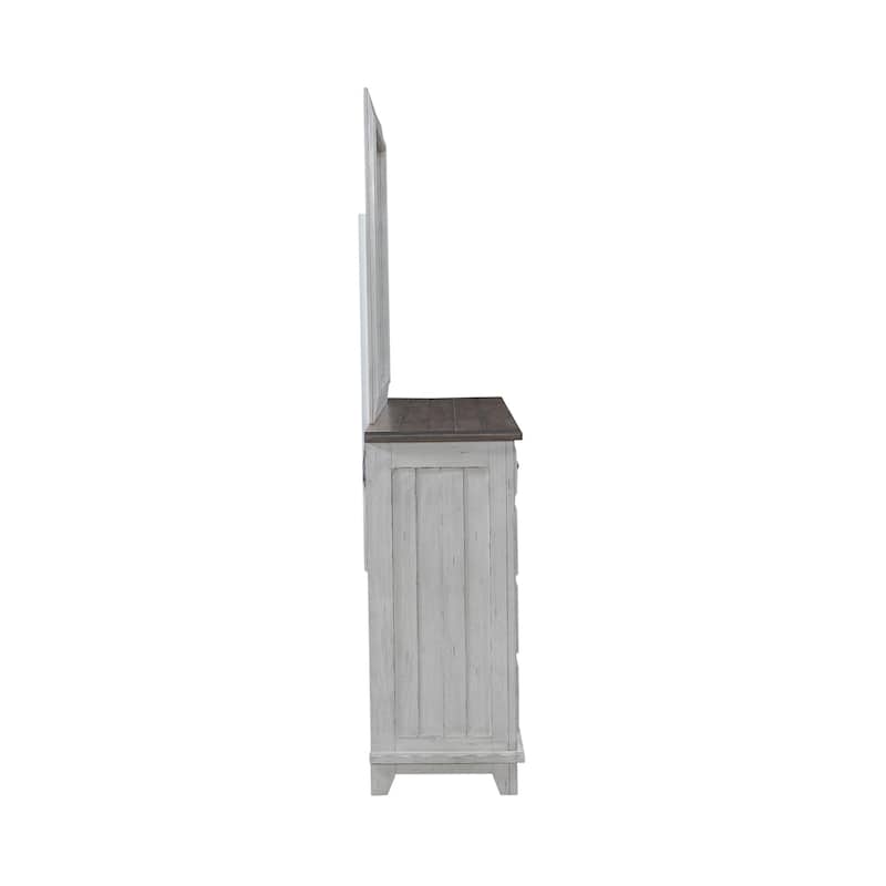 River Place Riverstone White and Tobacco Panel Bed, Dresser & Mirror Set