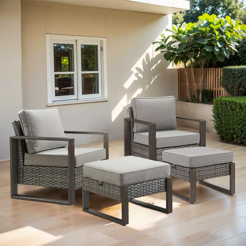 PE Rattan Chair and Ottoman Footstool Set - Grey - Grey - Grey