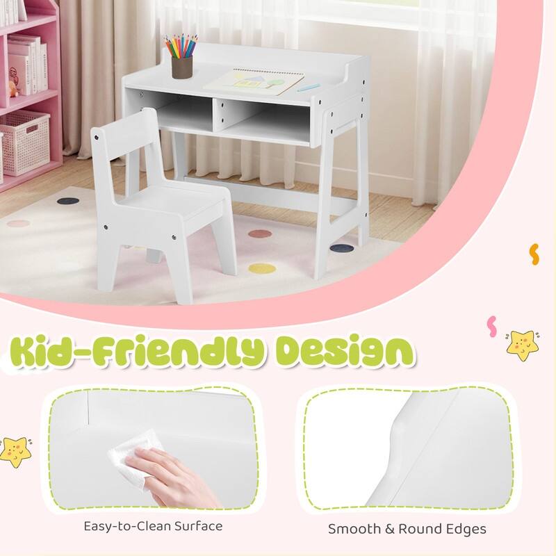 MDF Children's Study Desk And Chair Set With 2 Storage Compartments