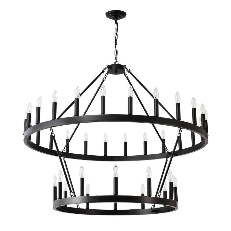 Farmhouse Industrial Style Ceiling Light, 2-Tier 36-Light Wagon Wheel Chandelier, for High-Ceilinged Living Rooms Dining Rooms