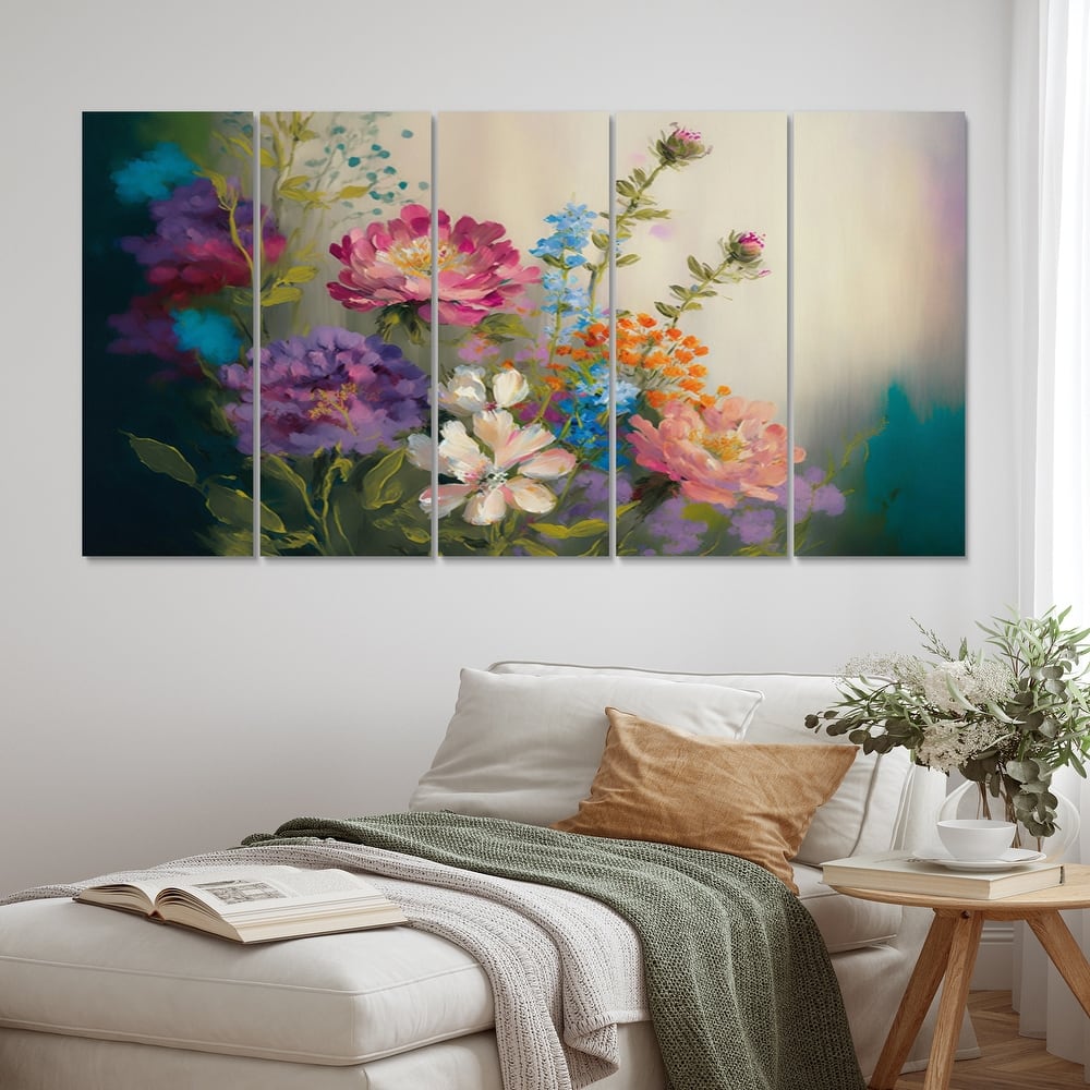 Designart "Painted Blossoming Wildflowers III" Floral Bouquet Multipanel Wall Art Living Room