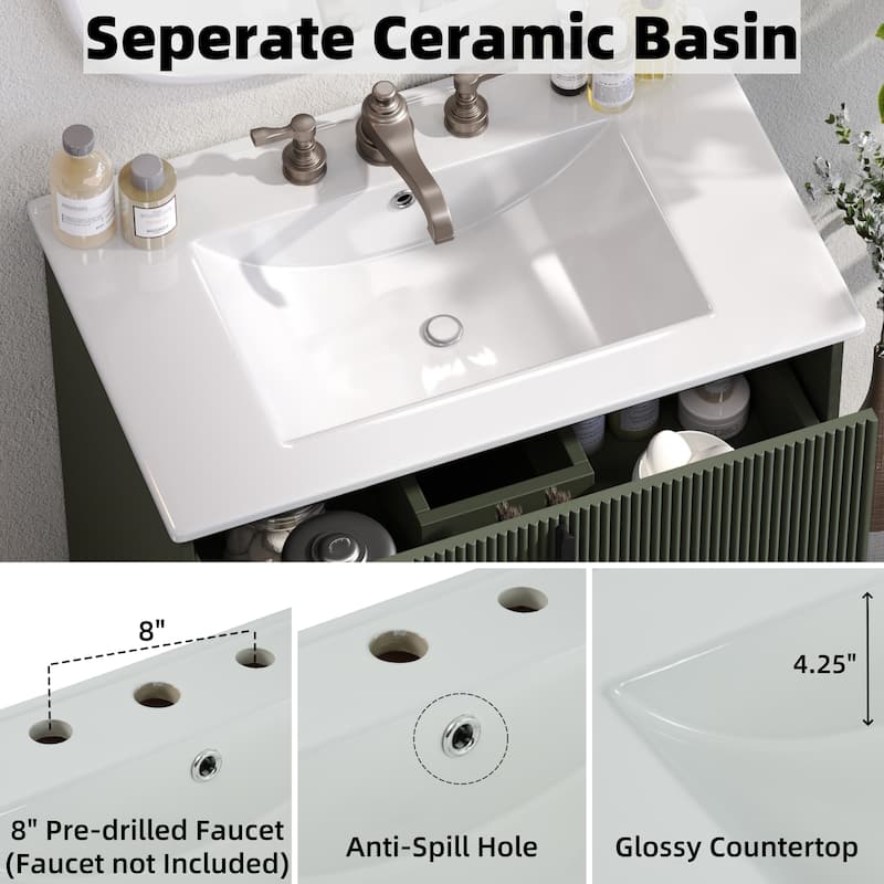 30" Fluted Bathroom Vanity with Ceramic Sink - Soft-Close Full-Extension Drawers