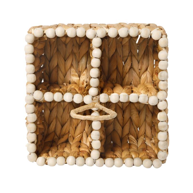 Gibson Home Woven Utensil Caddy with 4 Compartments, Natural Hand-Braided Water Hyacinth Basket with Wood-Bead Trim
